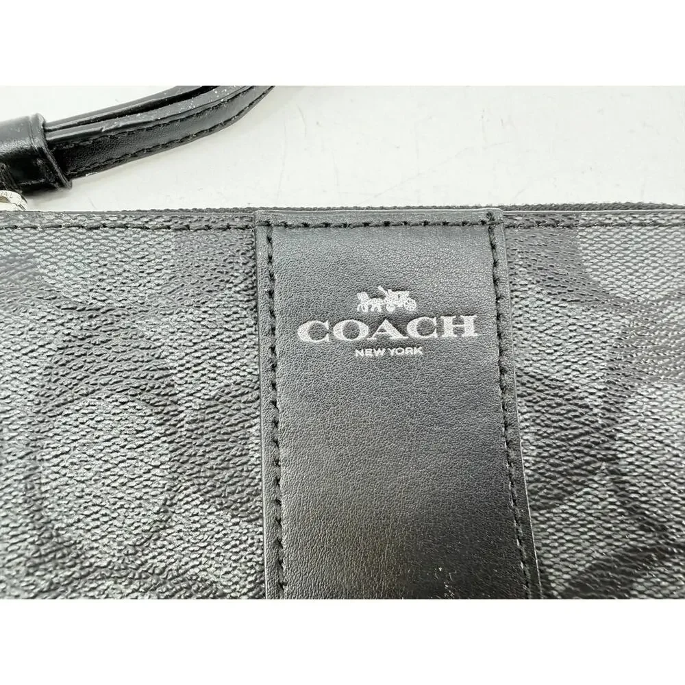 Coach F58035 Signature Corner Zip Wristlet Wallet Black Gray PVC Leather